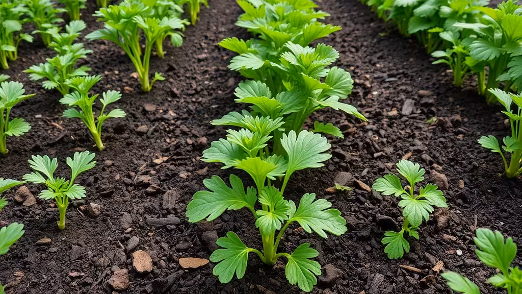 Rangée de persil plat à différents stades de croissance dans un potager paillé, lumière du matin