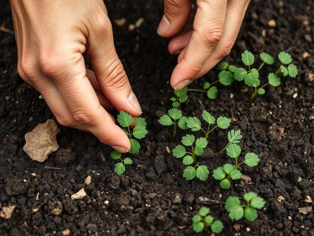 Main semant des graines de persil plat dans un sol préparé avec des levées visibles