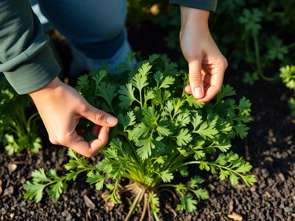Récolte sélective de tiges extérieures du persil plat, laissant le cœur de la plante intact