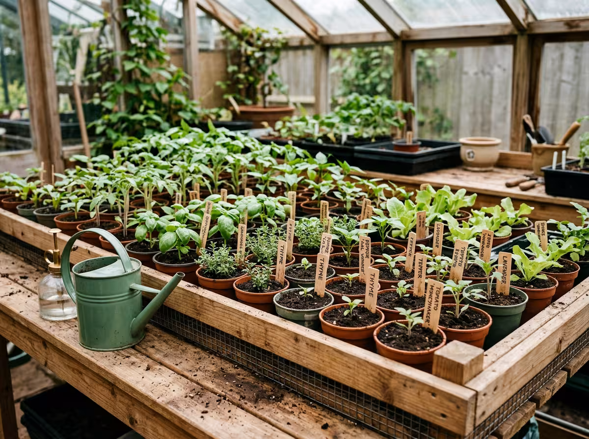 Petits plants en alvéoles avec matériel de repiquage et irrigation manuel pour une microferme
