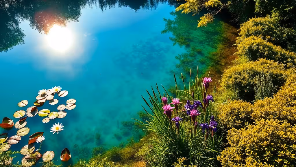 Piscine naturelle luxuriante vue d'en haut, nénuphars et iris aquatiques, jardin permaculturel.