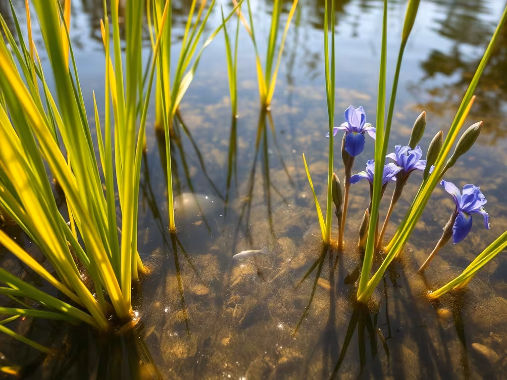 Zone de filtration naturelle avec roseaux et iris, eau transparente, fonctionnement du système biologique.