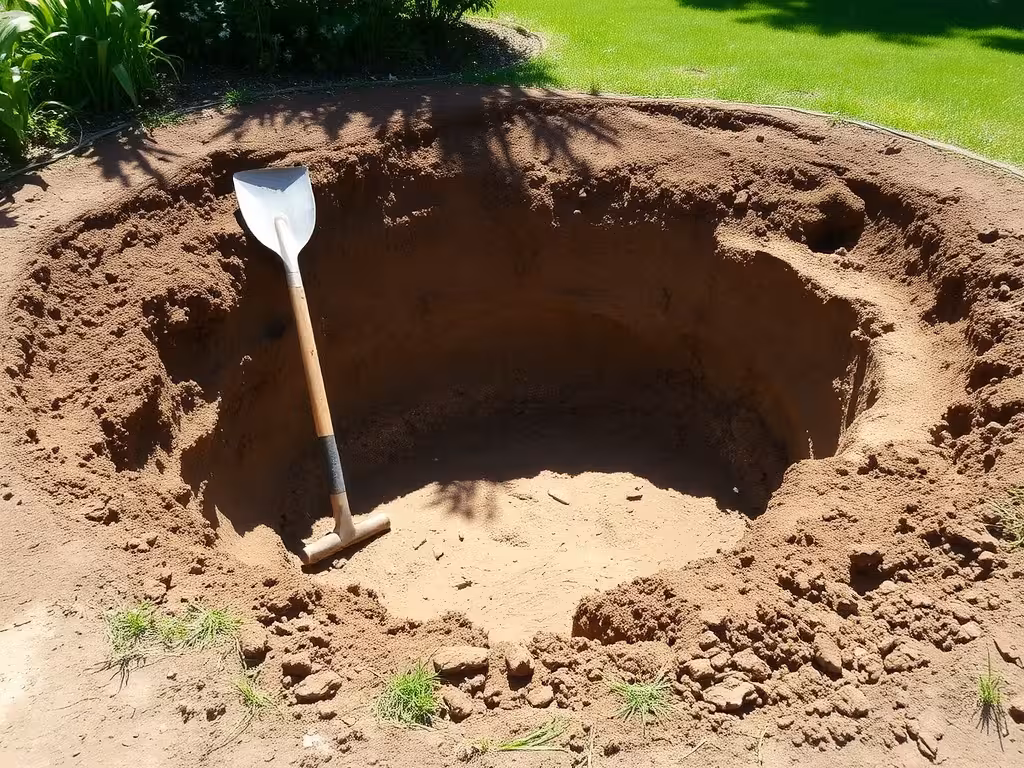 Excavation de bassin en cours, pelle et pioche, parois de terre, chantier réel de création de piscine naturelle.