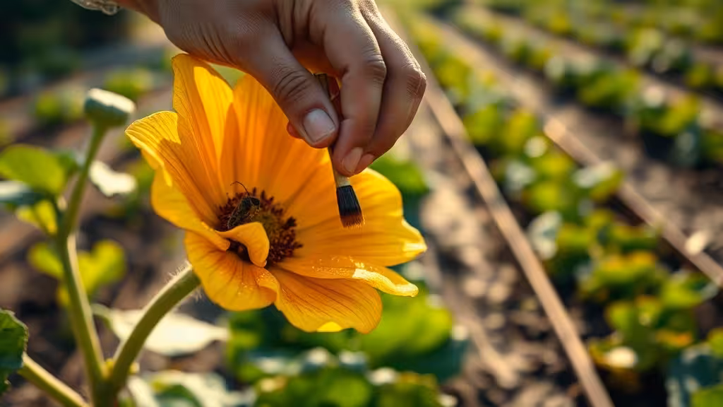 Pollinisation manuelle d'une fleur de courge au pinceau, lumière du matin, gouttes de rosée, potager au flou