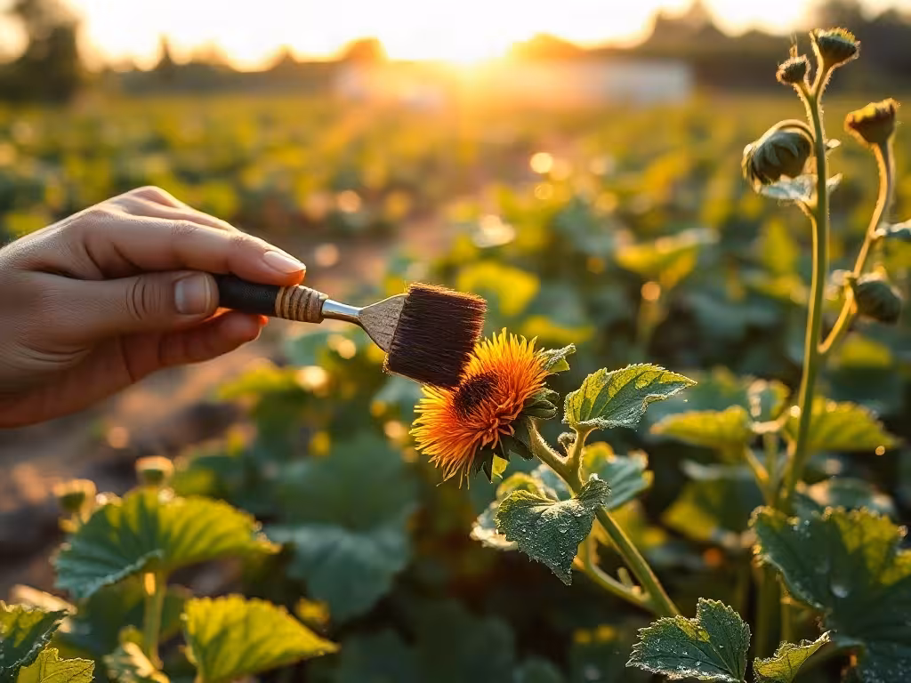 Conditions optimales pour pollinisation manuelle : jardin potager au lever du soleil avec rosée et humidité naturelle