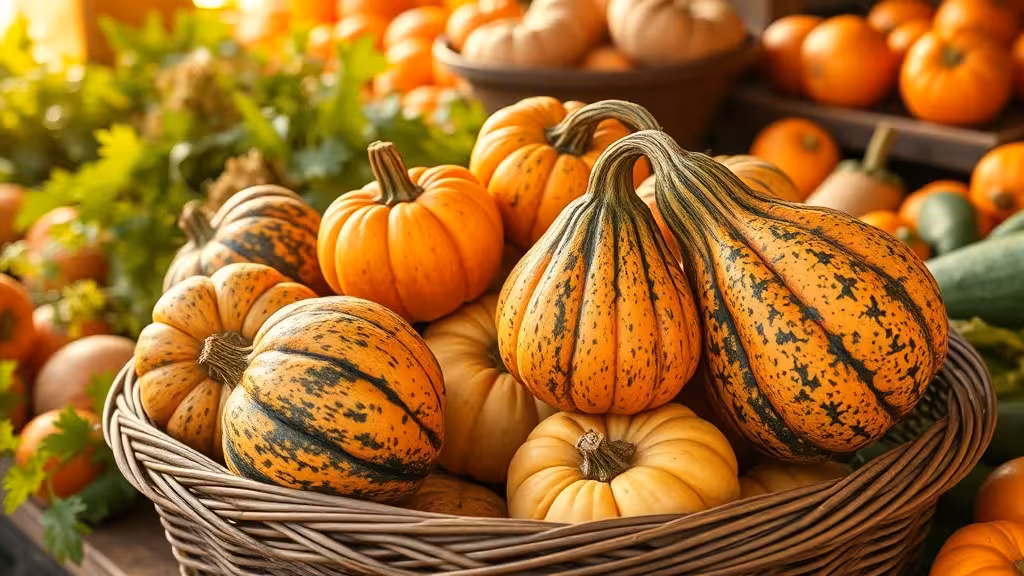 Potimarron et potiron frais dans un panier de récolte, ambiance marché fermier en lumière naturelle