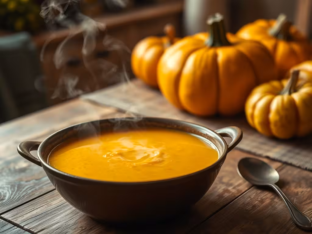 Velouté de courge dans un bol, illustrant la préparation culinaire du potimarron et du potiron en automne