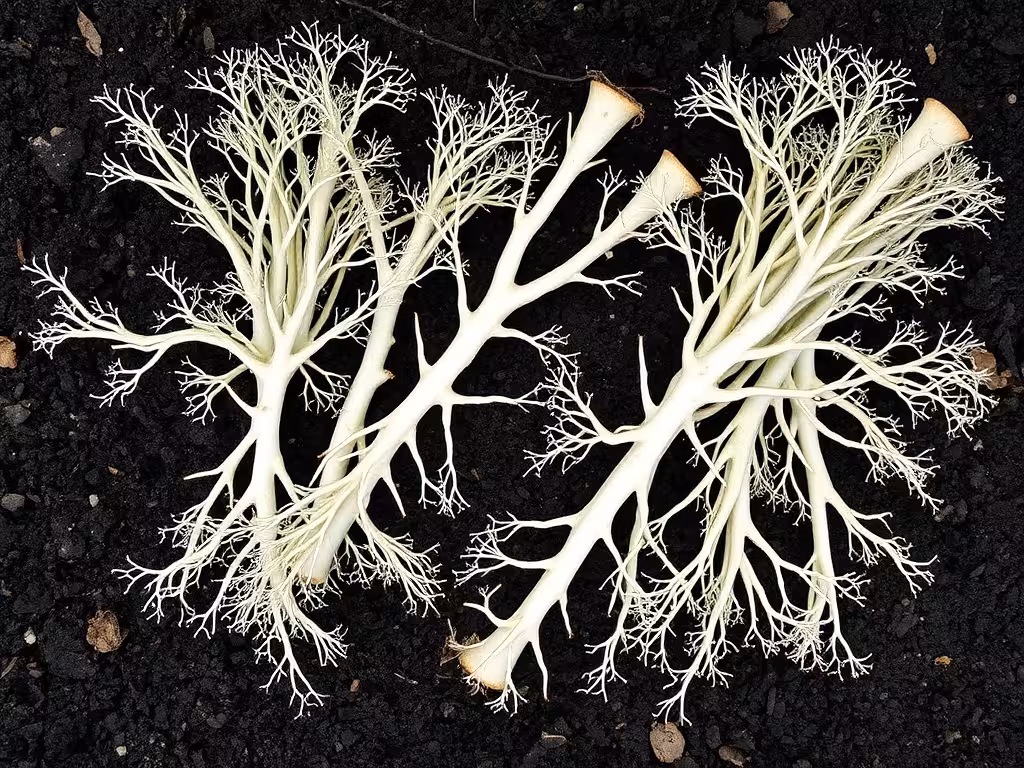 Rhizomes de prêle du Japon extraits, montrant leur structure blanche ramifiée et densement connectée.