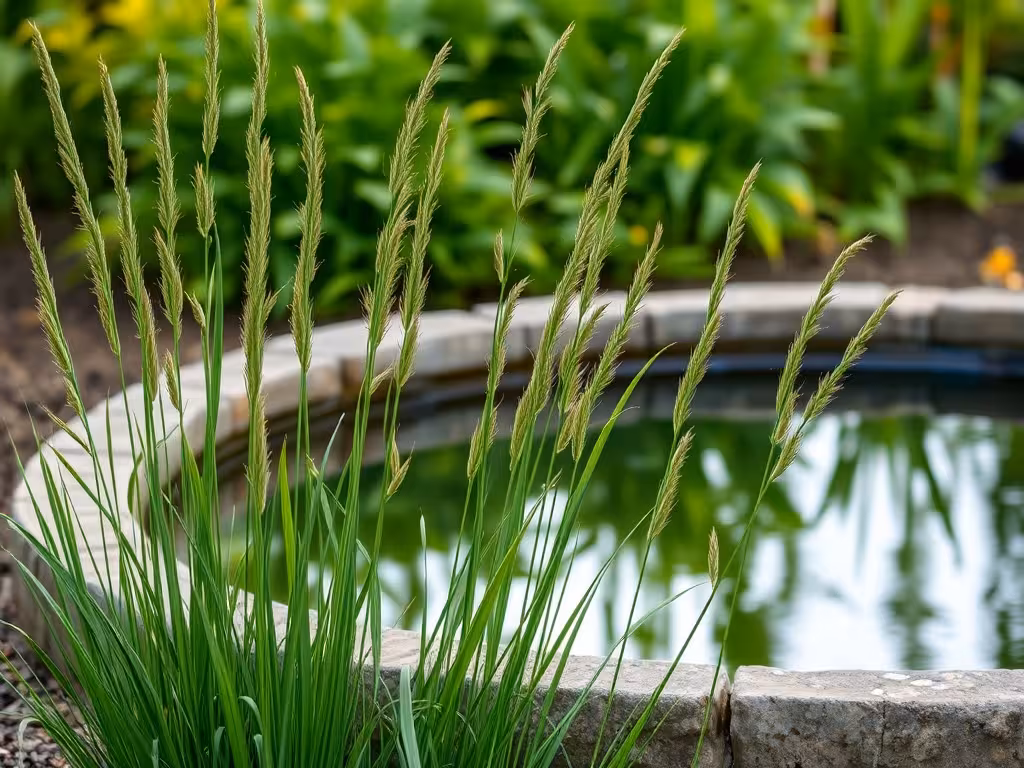 Prêle du Japon cultivée ornementalement au bord d'un bassin de jardin, tiges se reflétant dans l'eau.