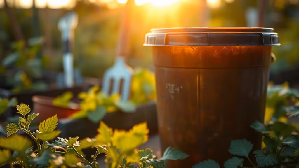 Seau de purin d'ortie en fermentation au jardin potager, tiges d'ortie fraîches à proximité, lumière naturelle.