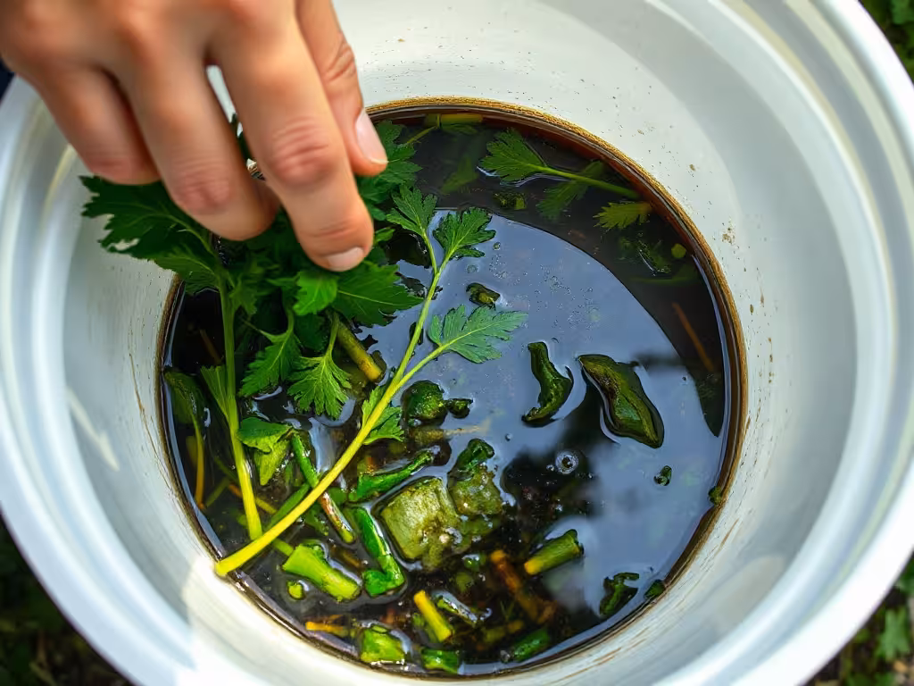 Seau de fermentation avec orties hachées et eau en cours de macération, préparation du purin maison.