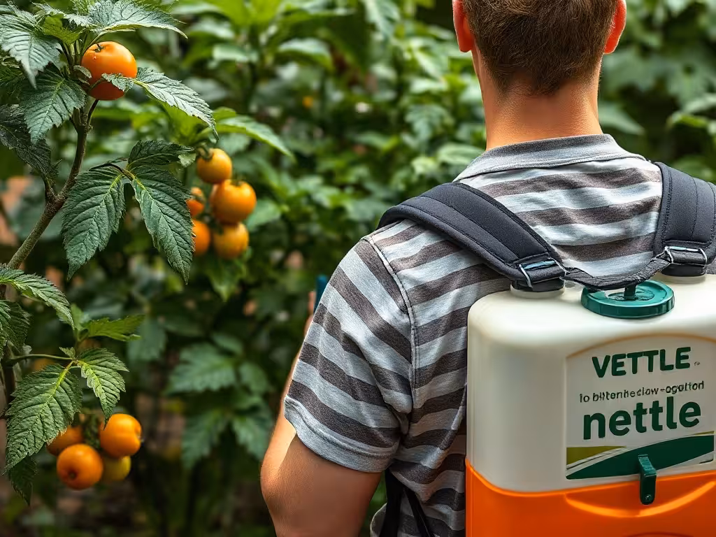 Pulvérisation du purin d'ortie dilué sur des plants de légumes au potager, application pratique.