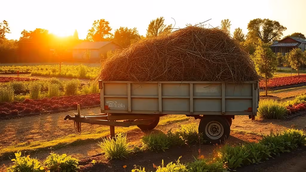 Remorque de microferme chargée de matière brune, intégrée dans un jardin en permaculture établi.