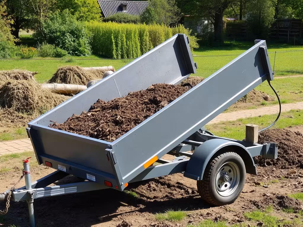 Remorque benne basculante vidant sa charge de paillis dans un jardin de microferme.