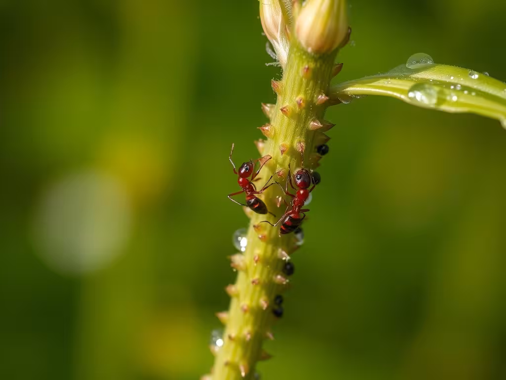 Fourmis sur une tige couverte de pucerons, illustrant la relation écologique au jardin