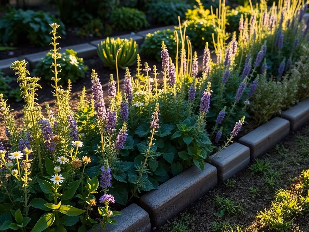 Barrière de plantes répulsives (tanaisie, rue, lavande) délimitant un potager en permaculture