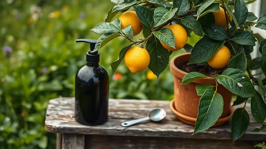 Savon noir contre les cochenilles sur un citronnier en pot au jardin