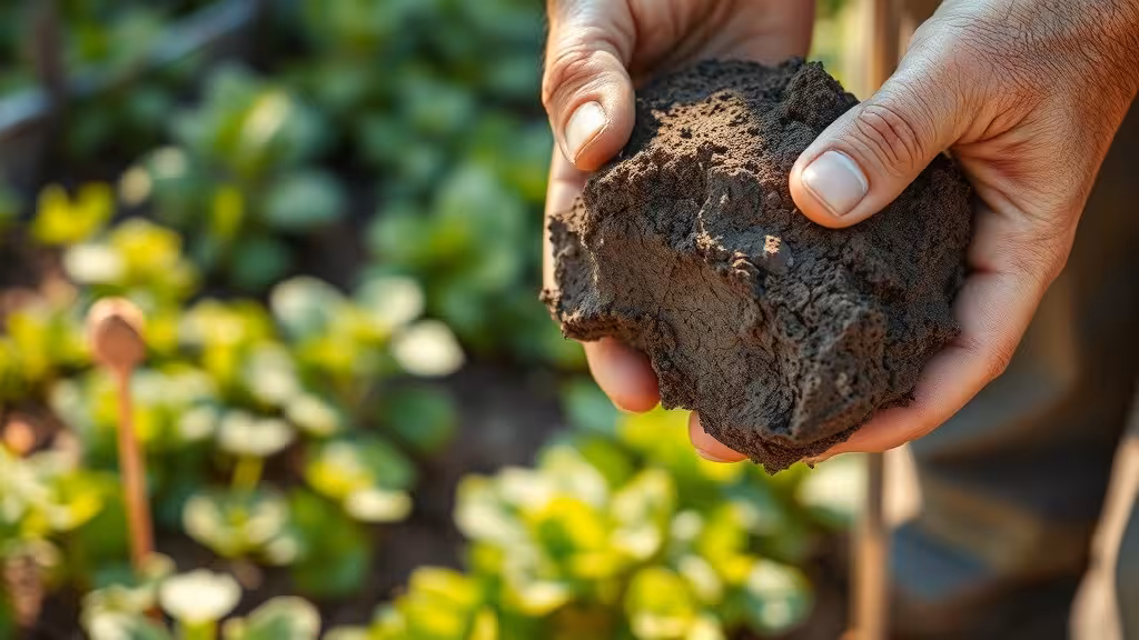 Main tenant une motte de terre argileuse compactée et humide, au-dessus d'un jardin potager