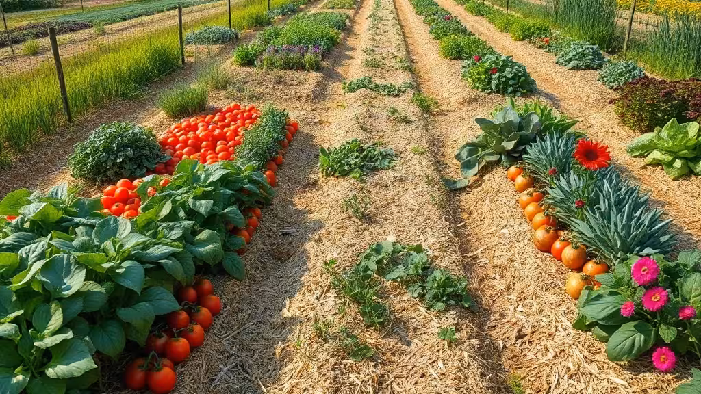 Tableau association légumes permaculture illustré par un potager diversifié sous paillage