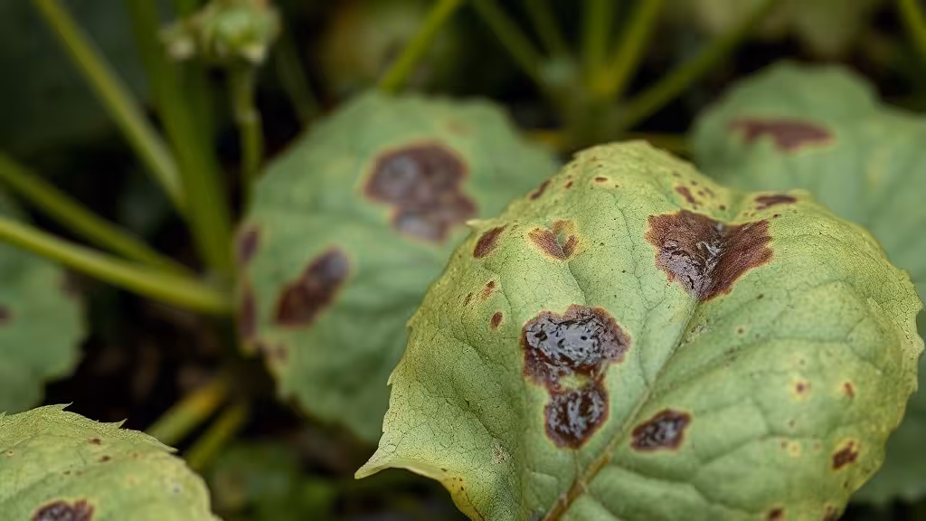 Feuilles de pomme de terre avec symptômes typiques du mildiou : taches brunes et aspect gorgé d'eau
