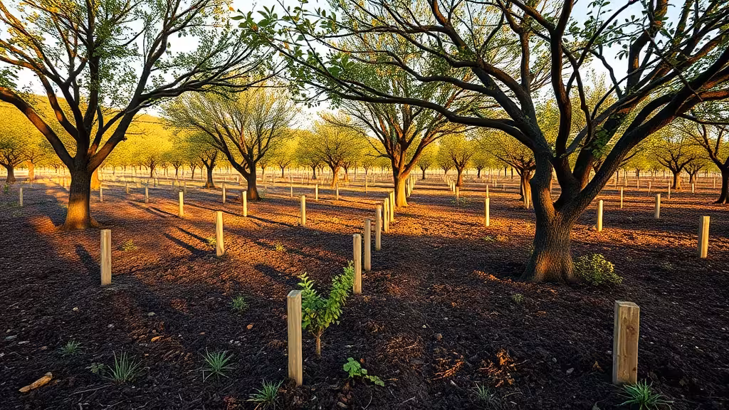 Verger en permaculture avec arbres fruitiers étagés, sol paillé, végétation basse et lumière naturelle