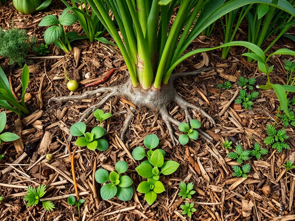 Guilde fruitière avec associations de plantes, paillage et couverture du sol autour d'un arbre
