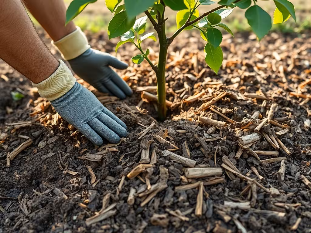 Préparation du sol en permaculture avec application de BRF et paillage autour d'un jeune fruitier